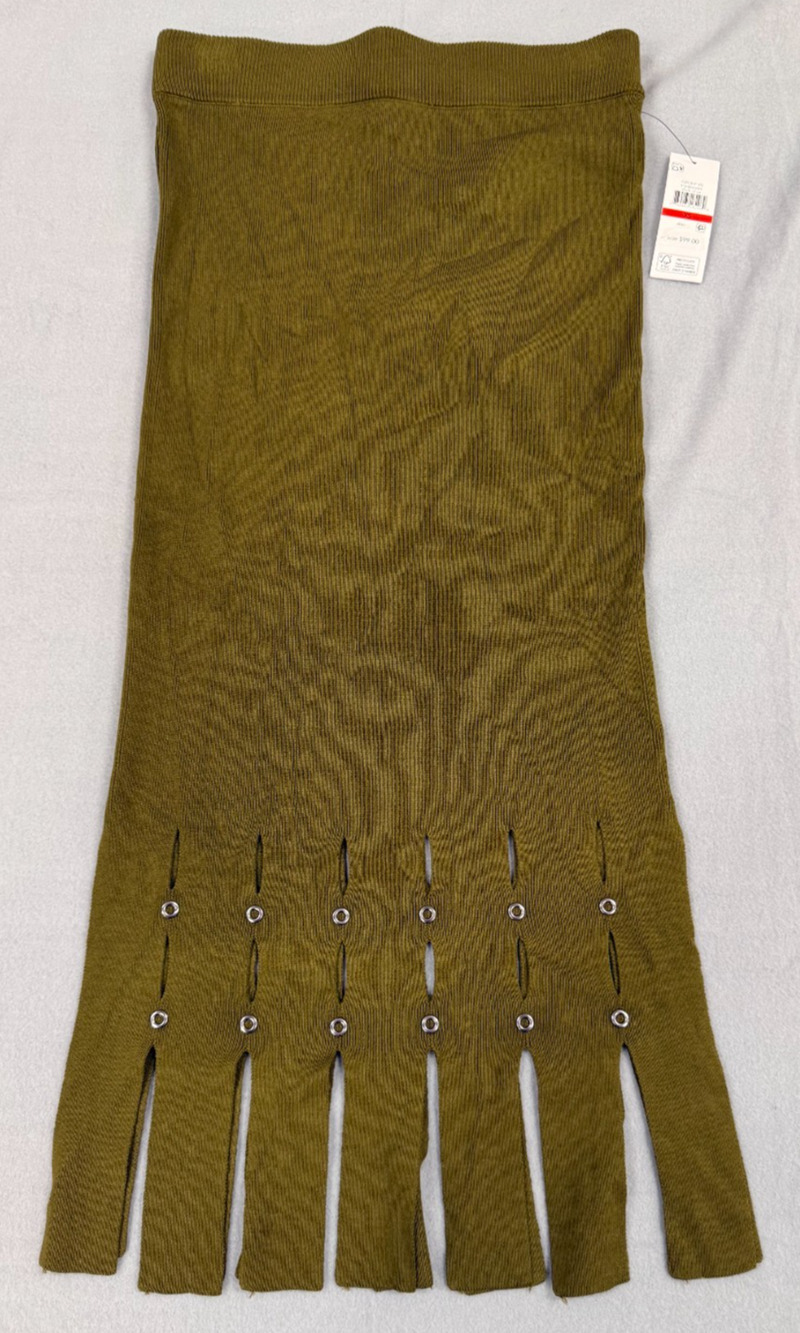 DKNY Pencil Midi Skirt Womens XS Dark Olive Ribbed Knit Grommet Slit Fringe NWT